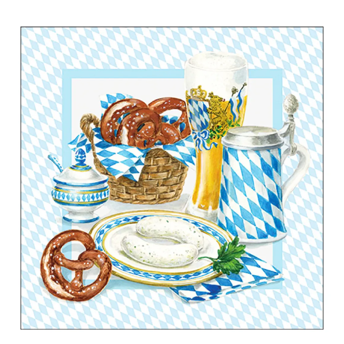 Ambiente Papierservietten, Weißwurstfrühstück, Breze, Weißwurst, Bierkrug, 33x33cm