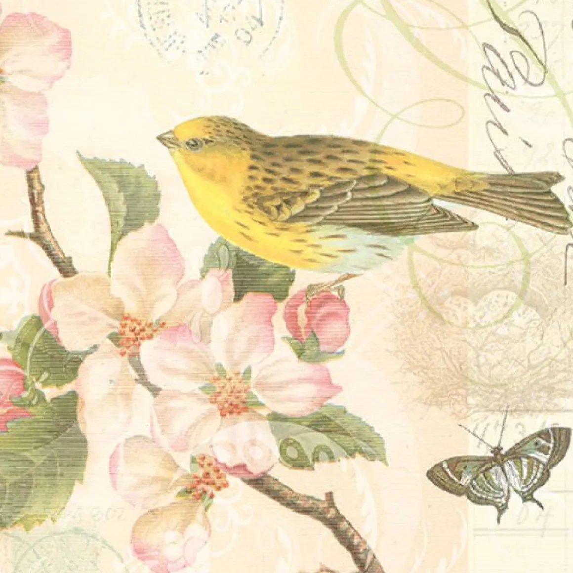 Ambiente Papierservietten Vogel, Schmetterling und Blumen Nostalgie, 33x33cm
