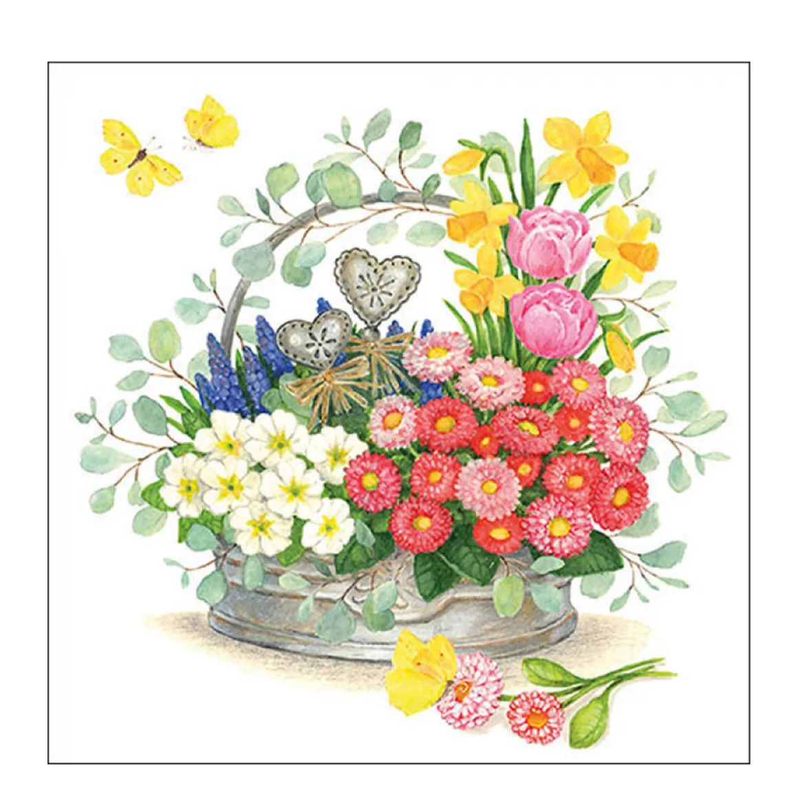 Ambiente Papierservietten, Frühlingsblumen und Schmetterling, 33x33cm