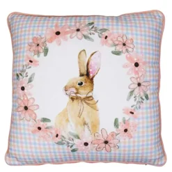 Baumwoll Kissen Hasen, Kaninchen im Blumenkranz, hellblau/rosa kariert, 45x45cm, Mars & More