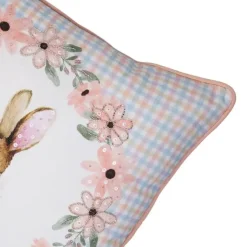 Baumwoll Kissen Hasen, Kaninchen im Blumenkranz, hellblau/rosa kariert, 45x45cm, Mars & More
