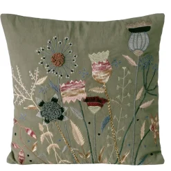 Baumwoll-Leinen Kissen Ramoni, Blumenkissen salbeigrün, rosa-beige bestickt, 45x45cm, Boltze Home Collections