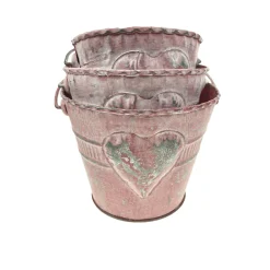 Übertopf Eimer mit Herz und Henkel, rosa used look, 15x12cm, Metall