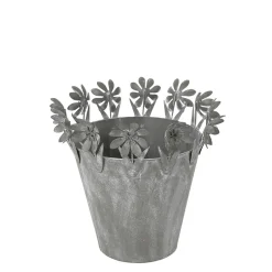 Übertopf mit Blumenrand, Zinktopf mit filigranen Blumen chabby chic grau, 15x13cm