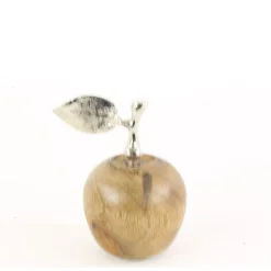 Deko Apfel, Holzapfel mit silbernem Stil und Blatt, 10cm, Mangoholz