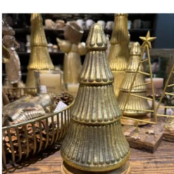 Deko Baum, rustikaler runder Glasbaum, antikgold, auf Holzfuß, 25cm