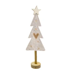 Deko Baum Weihnachten, Filzbaum mit Stern und Herz und Holzstamm, beige, 37cm