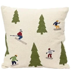Deko Baumwollkissen Wintersport, Winterkissen mit Tannenbäume und Skifahrer und Snowboarder, 45x45cm
