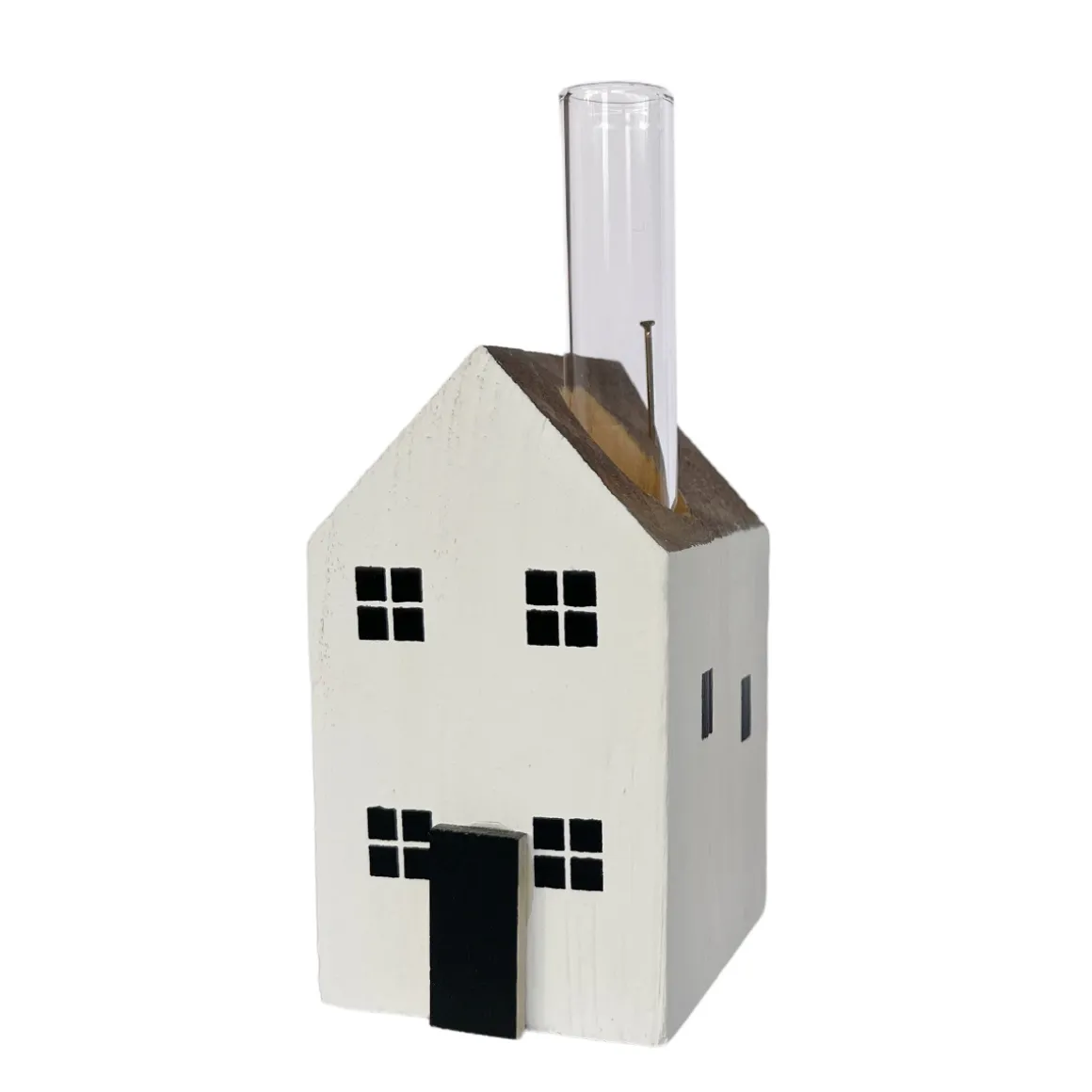 Deko Blumenvase Haus, kleines weißes Holzhaus mit Reagenzglas, 5x9cm