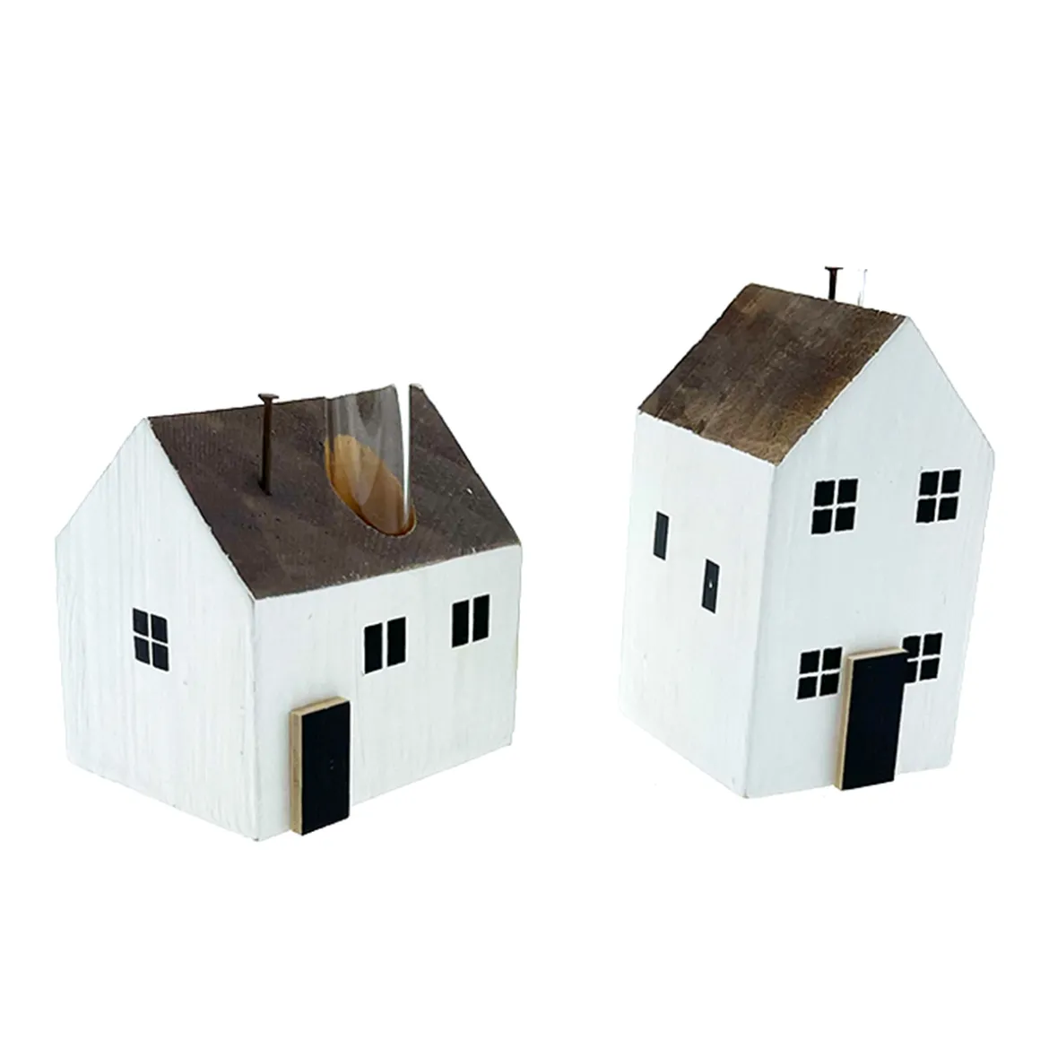 Deko Blumenvase Haus, kleines weißes Holzhaus mit Reagenzglas, 5x9cm