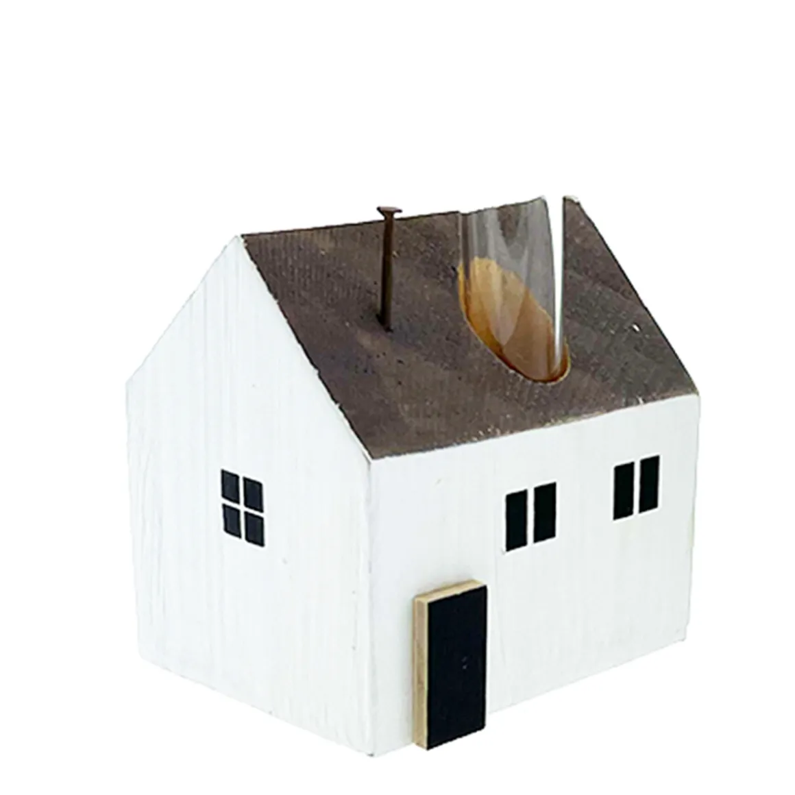 Deko Blumenvase Haus, kleines weißes Holzhaus mit Reagenzglas, 5x7cm