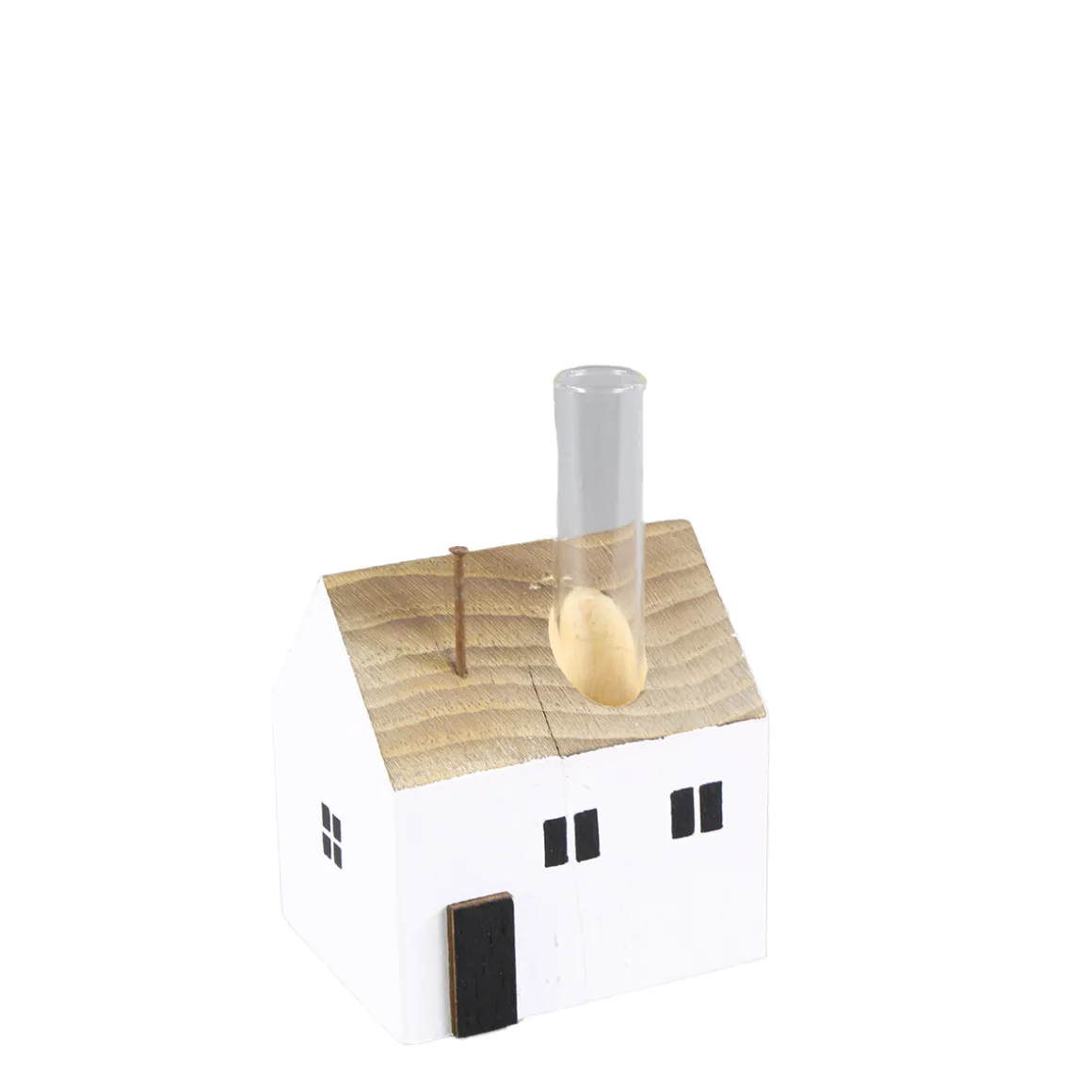 Deko Blumenvase Haus, kleines weißes Holzhaus mit Reagenzglas, 5x7cm
