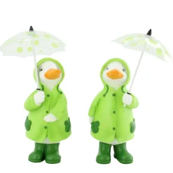 Deko Ente mit Schirm, Polyente im grünen Regenmantel und Gummistiefel, 15cm