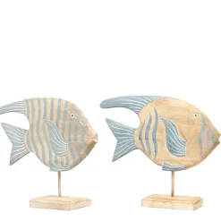 Deko Fisch, Holzfisch auf Fuß mit Streifen, blaugrau-natur, 37x30cm, DIJK Natural Collections