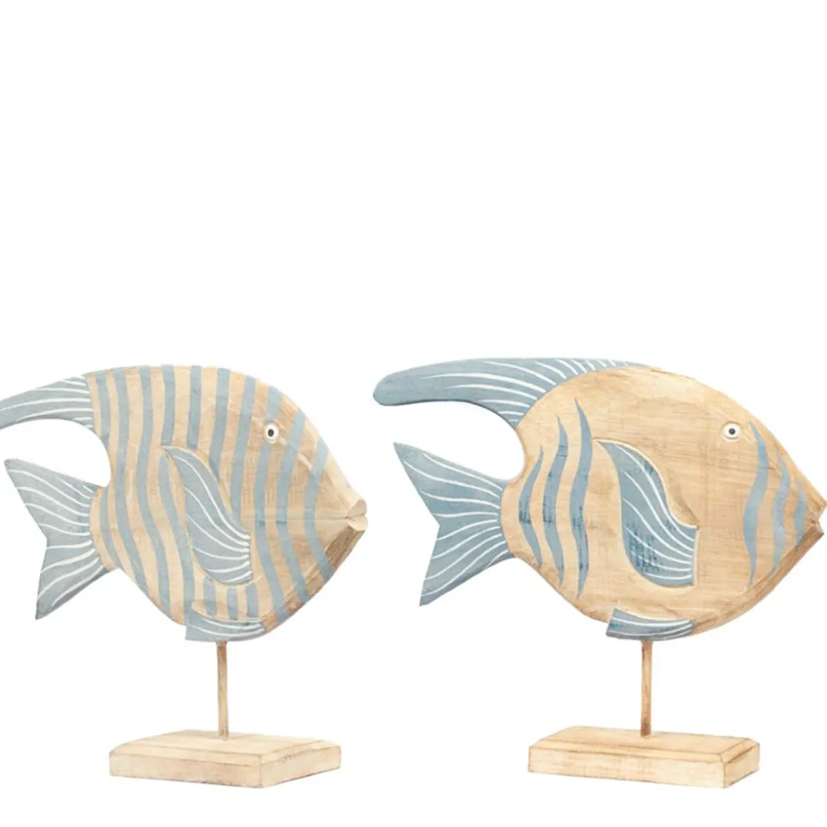 Deko Fisch, Holzfisch auf Fuß mit Streifen, blaugrau-natur, 37x30cm, DIJK Natural Collections