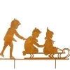 Deko Gartenstecker Winterkinder, Kinder auf Schlitten, 60x34cm, Rost