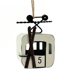Deko Gondel weiß mit schwarzen Ski, Seilbahn, Skigondel aus Metall, 7x5x11cm, Hänger