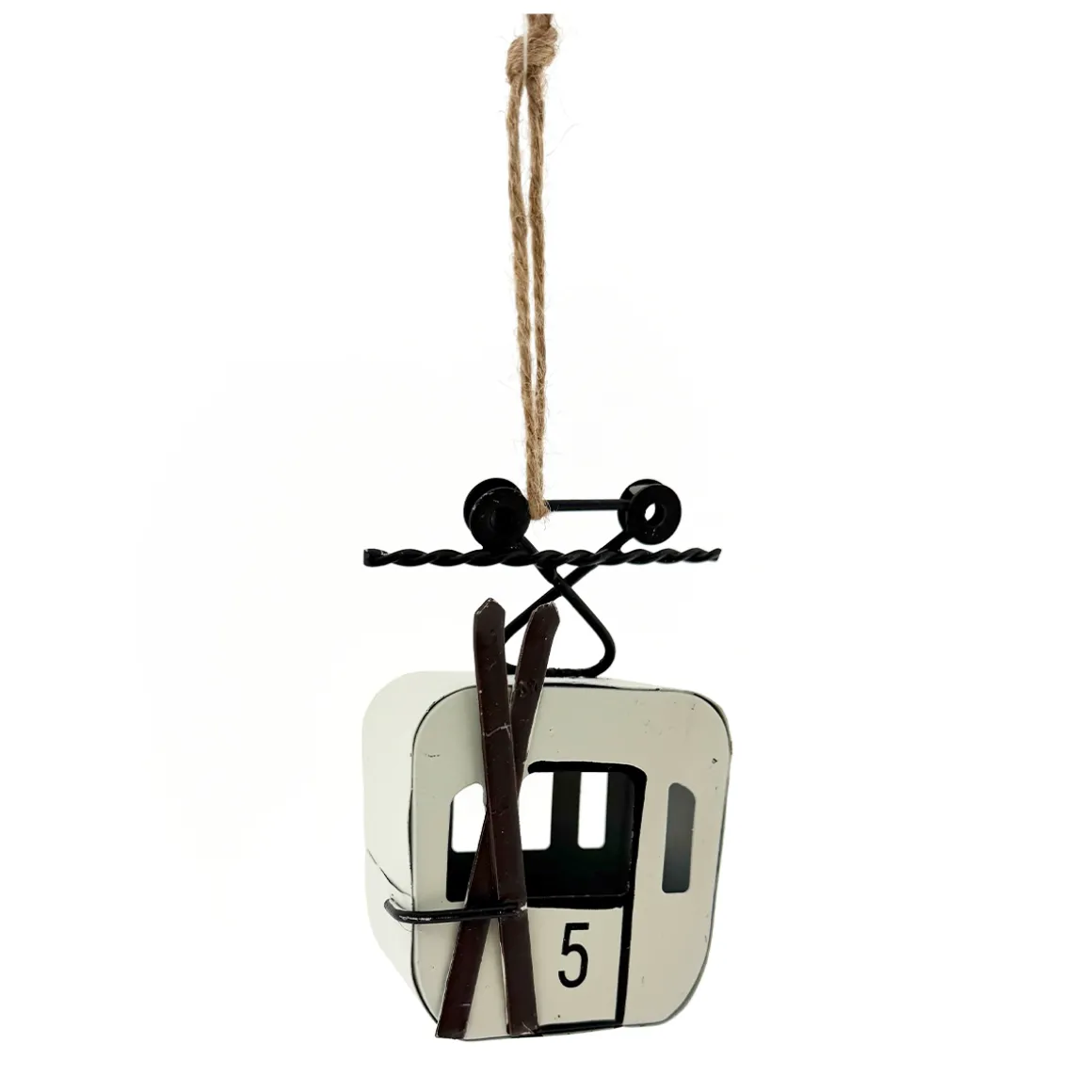 Deko Gondel weiß mit schwarzen Ski, Seilbahn, Skigondel aus Metall, 7x5x11cm, Hänger