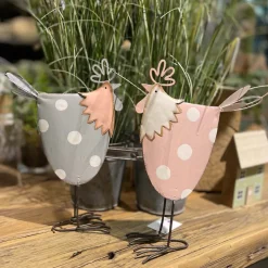 Deko Hahn Ostern, Metallhahn rosa mit weißen Punkte, 25cm, Metall