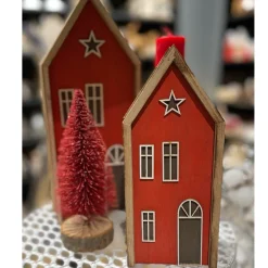 Deko Haus, Weihnachtshaus, Holzhaus mit Stern, rot-natur, 13x31cm, Aufsteller