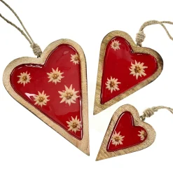Deko Herz Landhaus, Holzherz rot mit Edelweiß, Emailleoptik, 7x10cm, Hänger