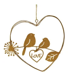 Deko Herz Love, filigranes Rostherz aus dünnen Drähten mit Vögel, 15cm, Hänger, Edelrost