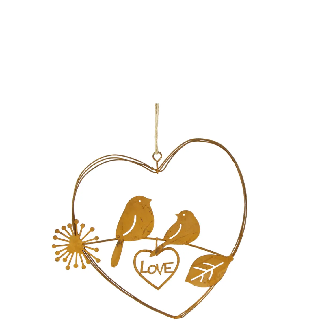 Deko Herz Love, filigranes Rostherz aus dünnen Drähten mit Vögel, 15cm, Hänger, Edelrost