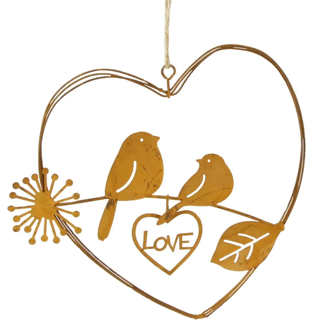 Deko Herz Love, filigranes Rostherz aus dünnen Drähten mit Vögel, 15cm, Hänger, Edelrost