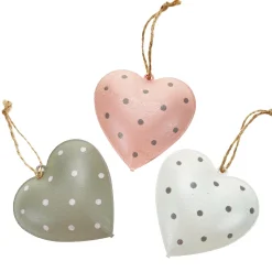 Deko Herz, Metallherze mit Punkte und Klang, rosa, grau, weiß, 3- fach sortiert, 6 St/Box, Hänger