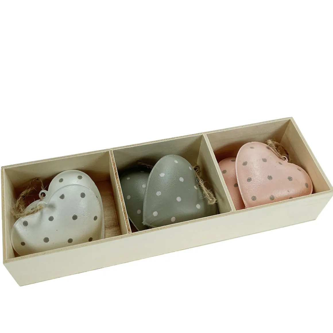 Deko Herz, Metallherze mit Punkte und Klang, rosa, grau, weiß, 3- fach sortiert, 6 St/Box, Hänger