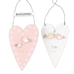 Deko Herz Willkommen, Holzherz  rosa mit Vögel und Blumen, 27x11cm, Hänger