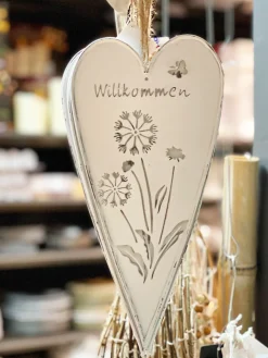 Deko Herz Willkommen, Metallherz mit Blumenmotiv weiß shabby chic , 14x12cm, Hänger