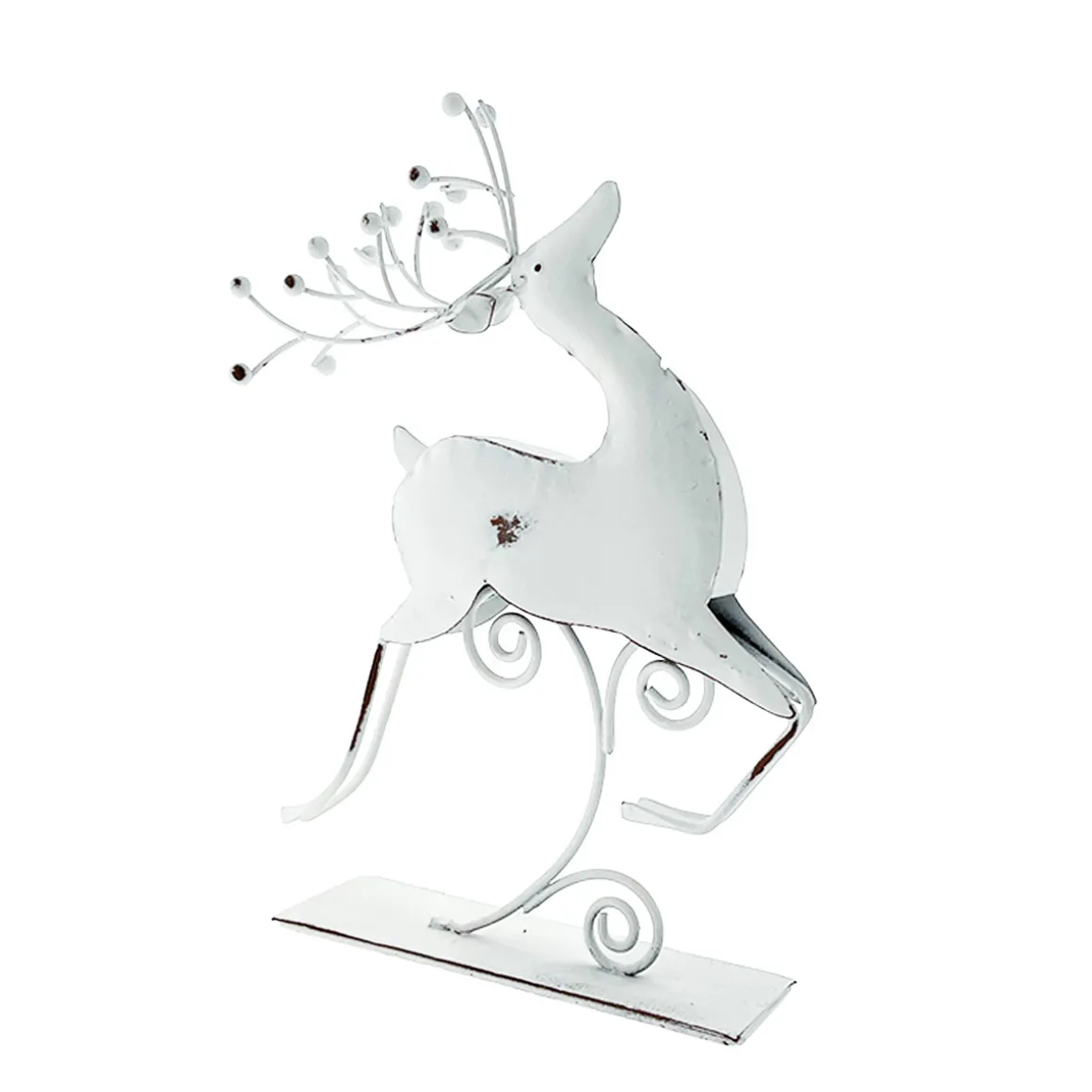 Deko Hirsch, filigraner Metallhirsch weiß unfinish, used look, 22x17cm, auf Metallfuß