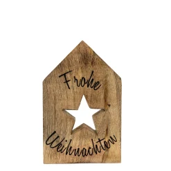 Deko Holzhaus Frohe Weihnachten, Haus mit Stern, 19x12cm, Mangoholz