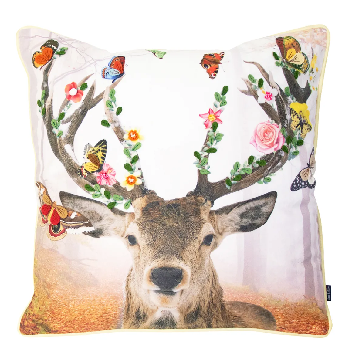 Deko Kissen Hirsch Fleury, Hirsch mit Blumengeweih und Schmetterlinge, 45x45cm, Mars & More