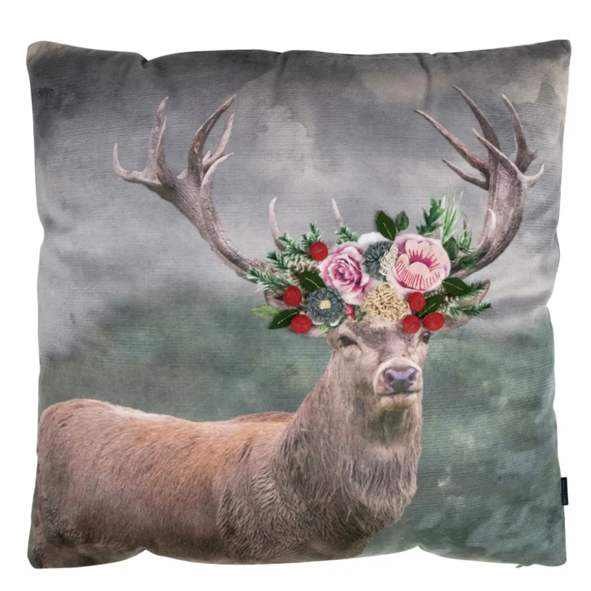 Deko Kissen Hirsch Fleury, Rotwild Hirsch mit Blumen, 45x45cm, Mars & More