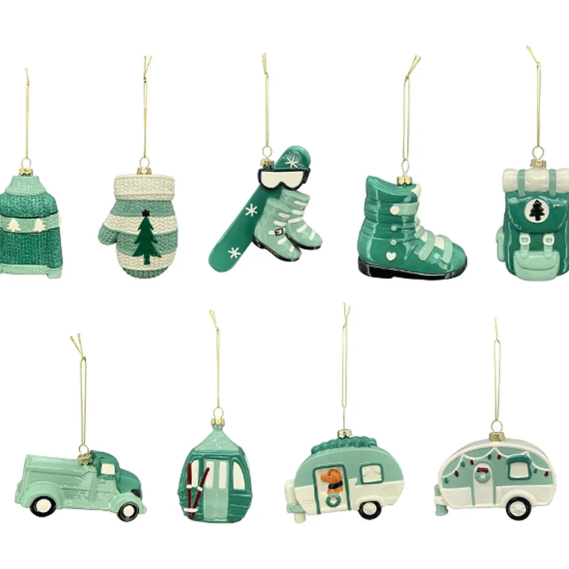 Deko Kunststoffhänger Wintermotive, Ski, Pullover, Wohnwagen, Snowboard etc, 9cm