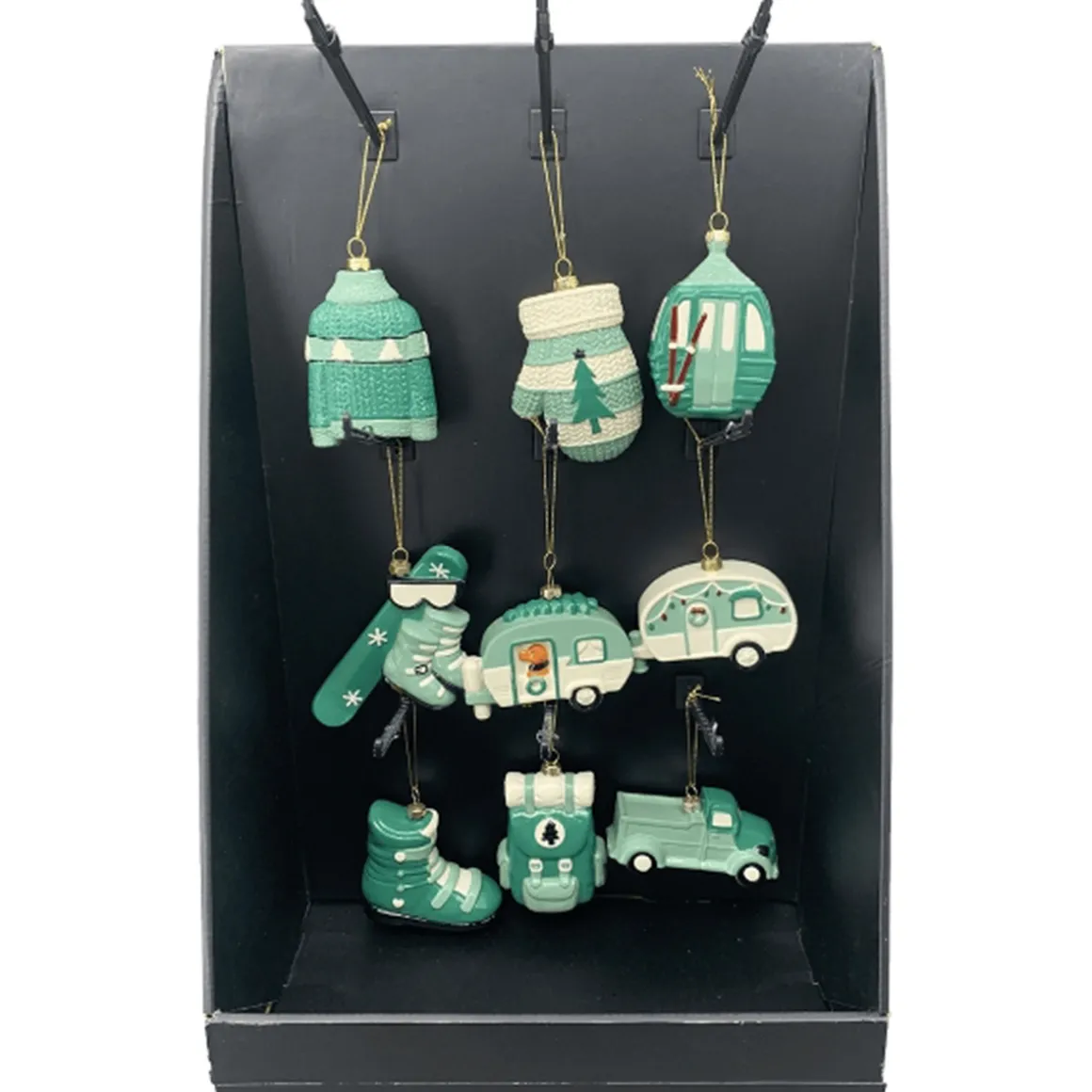 Deko Kunststoffhänger Wintermotive, Ski, Pullover, Wohnwagen, Snowboard etc, 9cm