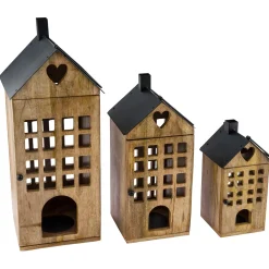 Deko Laterne Haus, Holzlaterne mit vielen Fenstern, schwarzes Metalldach, 55cm