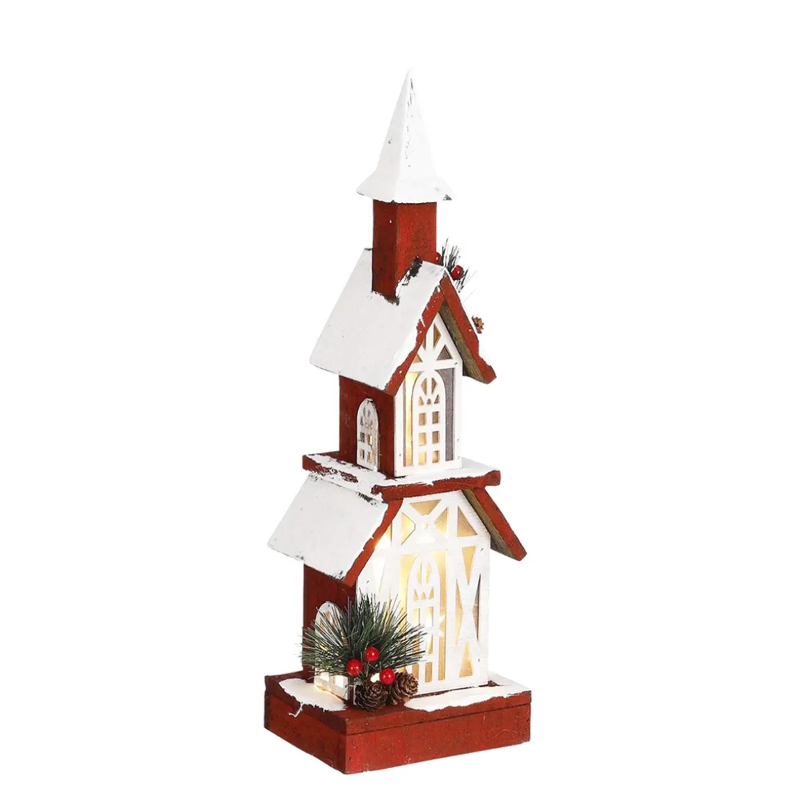 Deko LED Holzkirche beschneit, rot, 14x45cm, battriebetrieben, House of Seasons