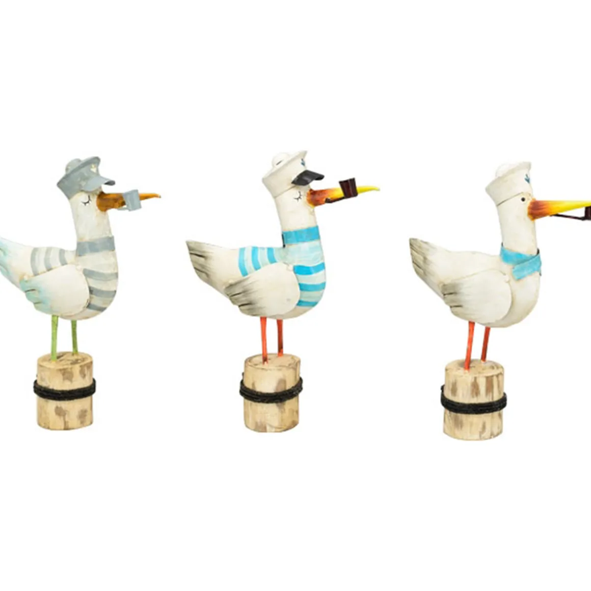 Deko Möwe mit blauem Schal, Metallmöwe mit Pfeife und Matrosenkappe, 32cm