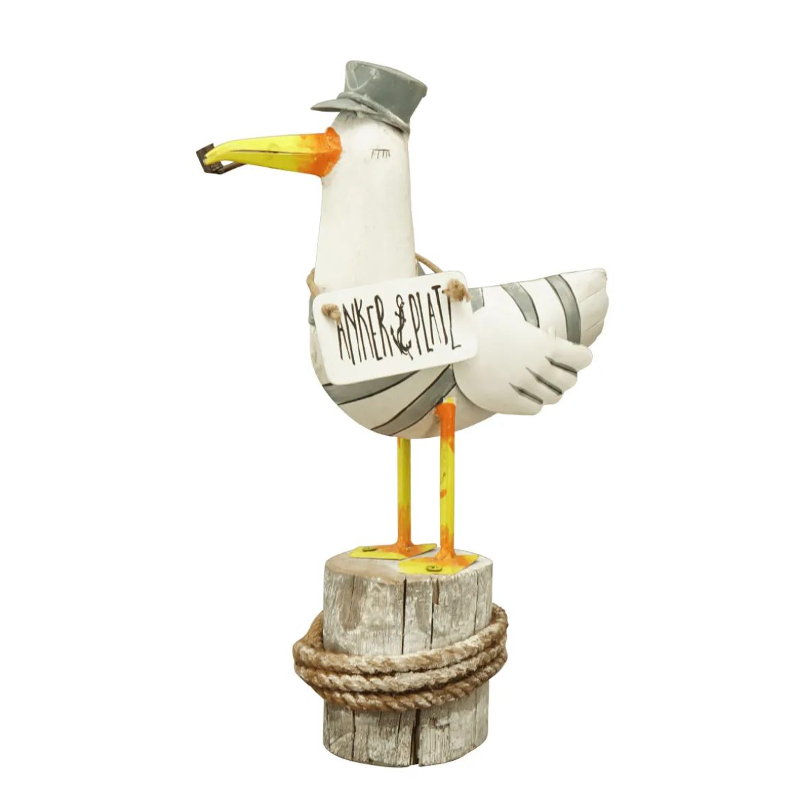 Deko Möwe mit Schild Ankerplatz, Metallmöwe mit Pfeife und Matrosenkappe, 36cm