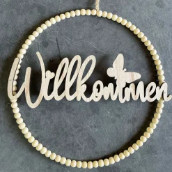 Deko Perlenring Willkommen, Ring aus Holzperlen mit Schriftzug Willkommen, Ø30cm, Holz