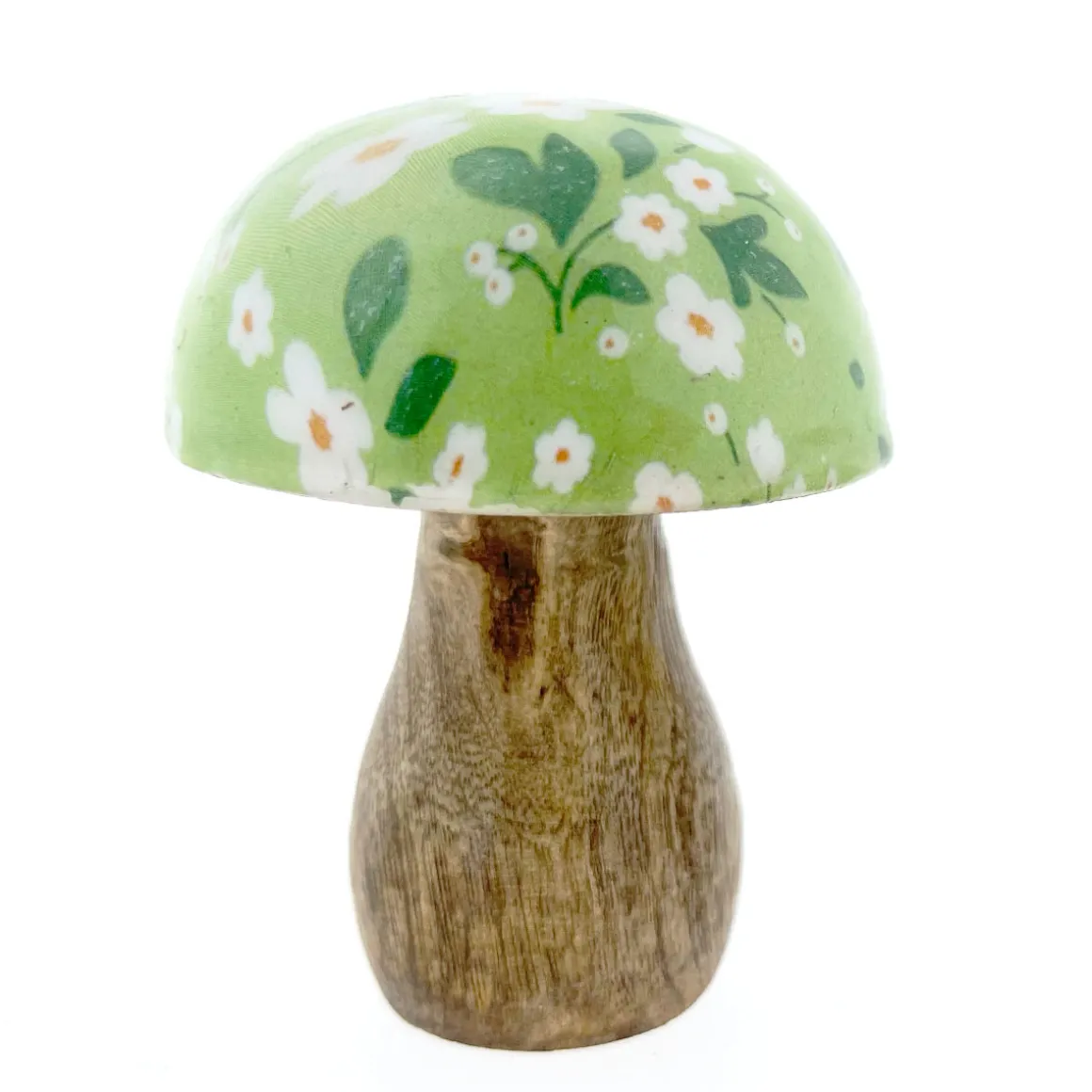 Deko Pilz mit grüner Kappe und Blumenmuster, kleiner Holzpilz mit Blumen, 8cm