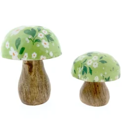 Deko Pilz mit grüner Kappe und Blumenmuster, kleiner Holzpilz mit Blumen, 8cm