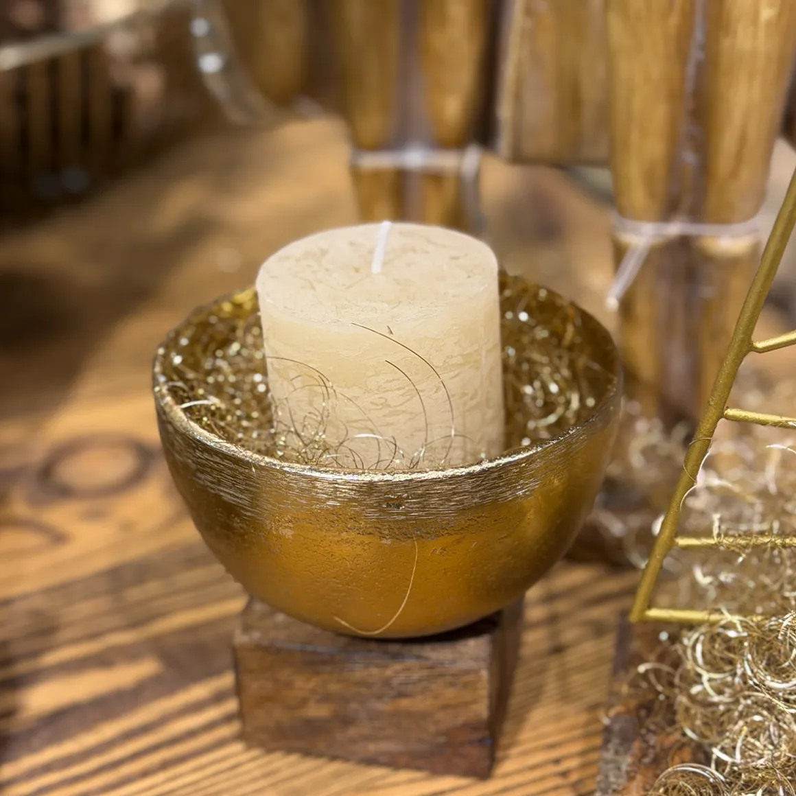 Deko Schale auf Holzsockel gold antik, Metallschale Weihnachten, Ø12cm