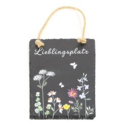 Deko Schiefertafel Lieblingsplatz, Schiefertafel mit Blumen und Schmetterlinge, 15x20cm, Hänger