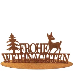 Deko Schriftzug Frohe Weihnachten, Rost Aufsteller Weihnachten mit Tannenbaum und Rehkitz, 28cm