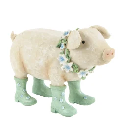Deko Schwein, Schweinchen mit Stiefel und Blumenkranz, 22x15cm, Polyresin