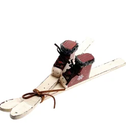 Deko Ski Nostalgie, Holzski mit Skischuhe, rot-weiß used look, 34cm